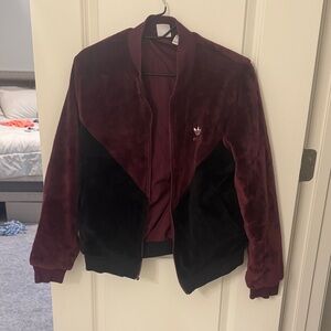 Adidas Women's Burgundy and Black Velvet Bomber Jacket